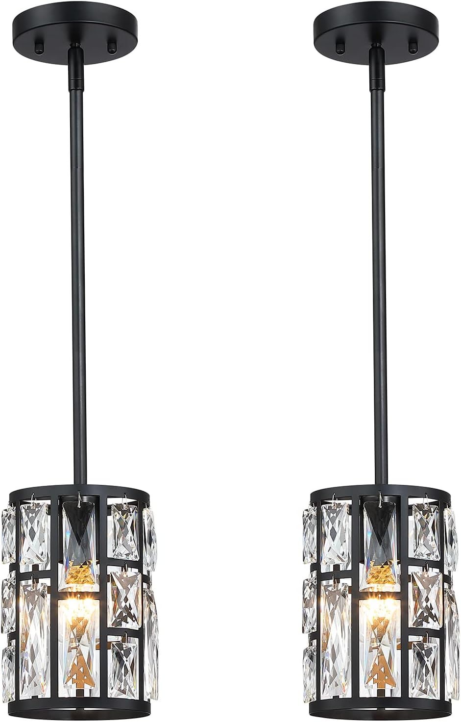 MEXO Modern Crystal Pendant Light Fixture 2-Pack Matte Black Finish Hanging L...
