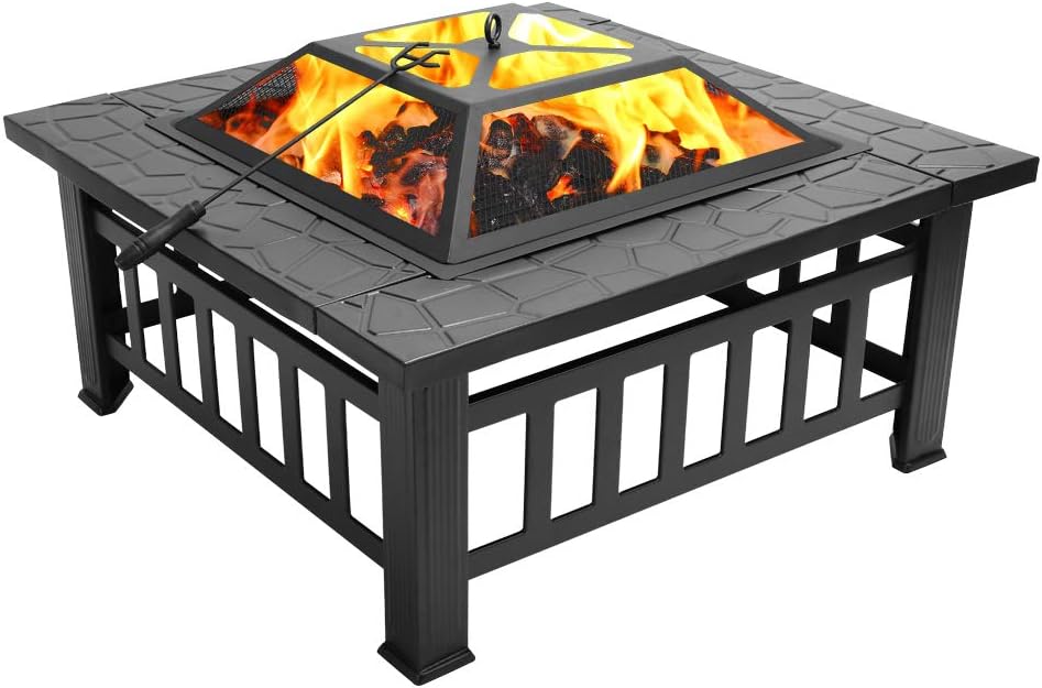 VINGLI 32in Wood Fire Pit with Mesh Lid and Fire Poker, Portable Outdoor Fire...