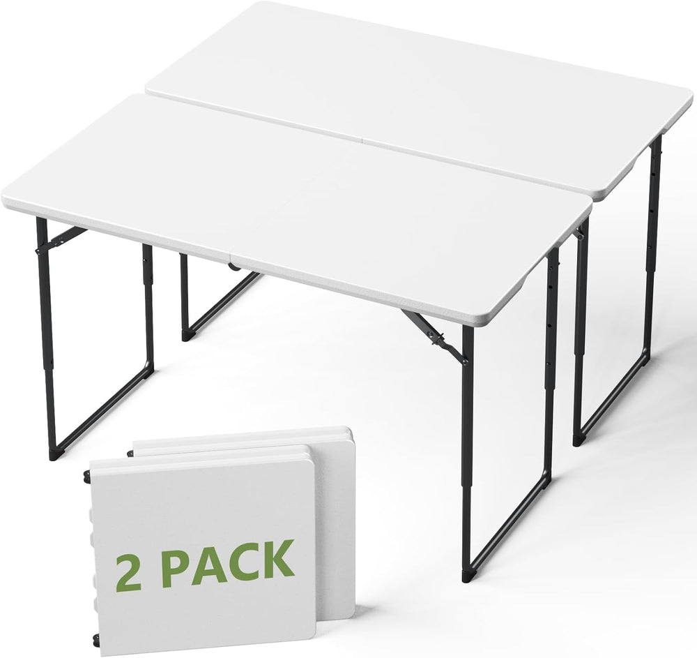 Folding Table 2 Pack, 4 FT Foldable Plastic Table with Adjustable Height, Hea...