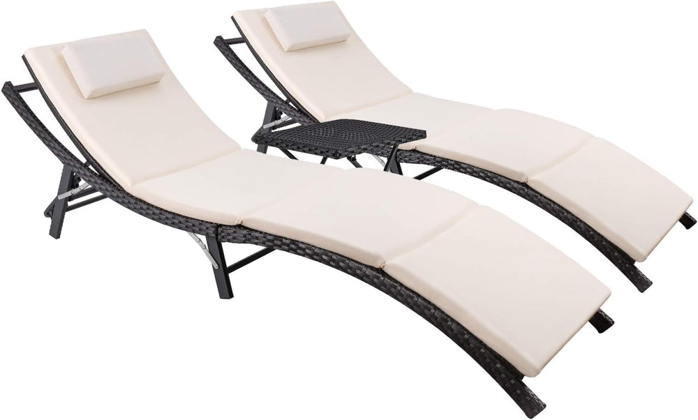 Devoko Patio Chaise Lounge Sets Outdoor Rattan Adjustable Back 3 Pieces Cushi...