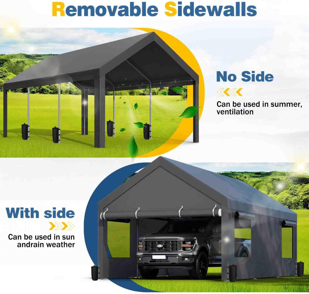 JAMFLY 12x20 ft Heavy Duty Portable Carport Garage, Grey