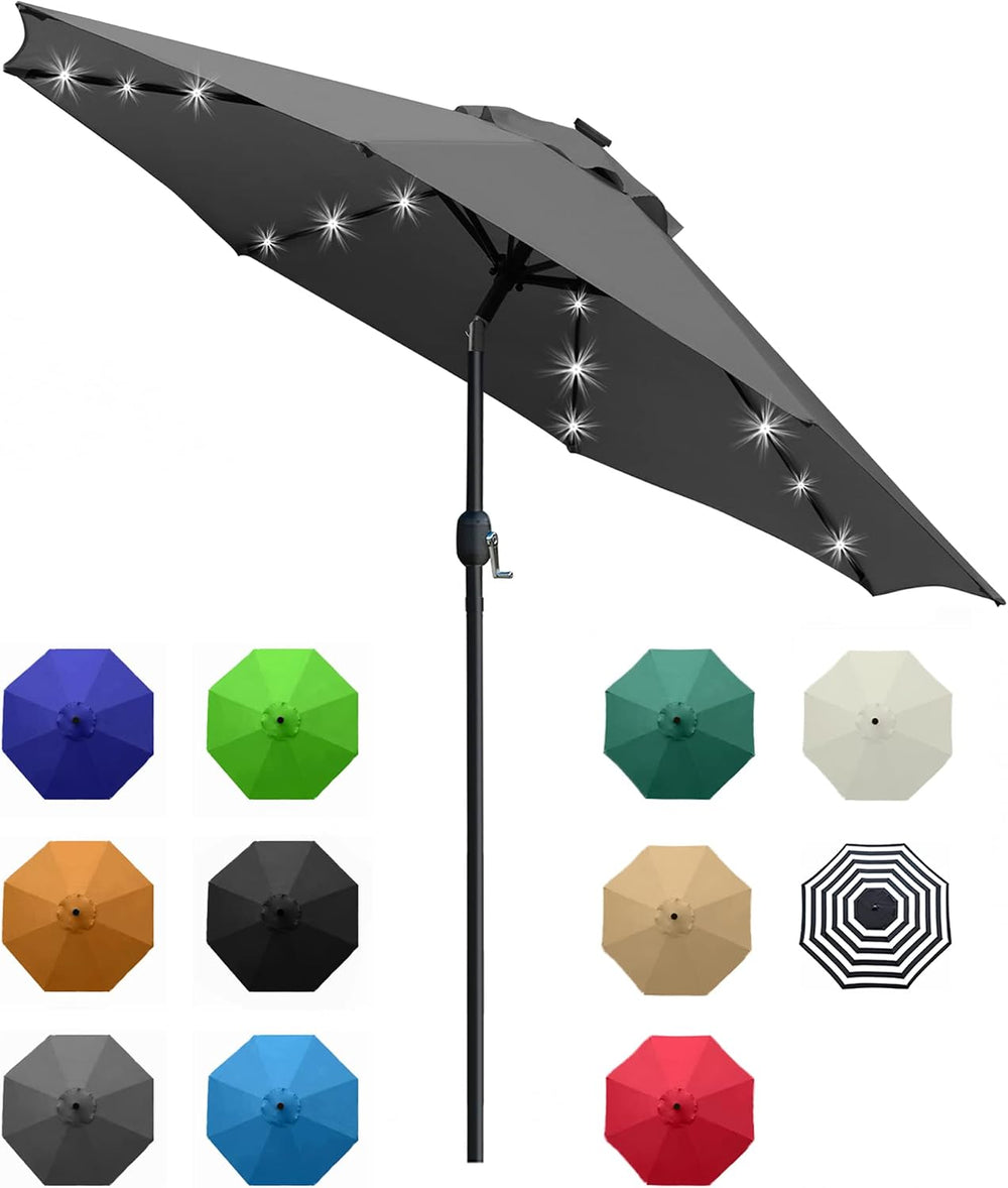 Sunnyglade 9' Solar LED Patio Umbrella, 8 Ribs, Tilt & Crank (Grey)