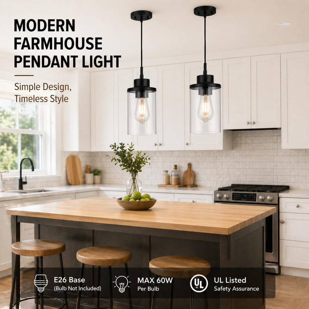Black Farmhouse Pendant Light, Clear Glass Cylinder Hanging Fixture