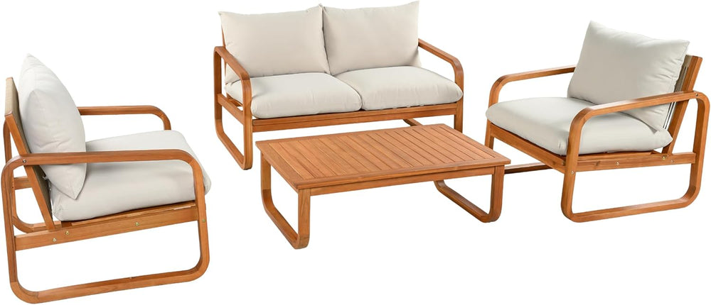 Merax Outdoor 4-Piece Acacia Wood Conversation Set - Patio 2-Seat Loveseat So...