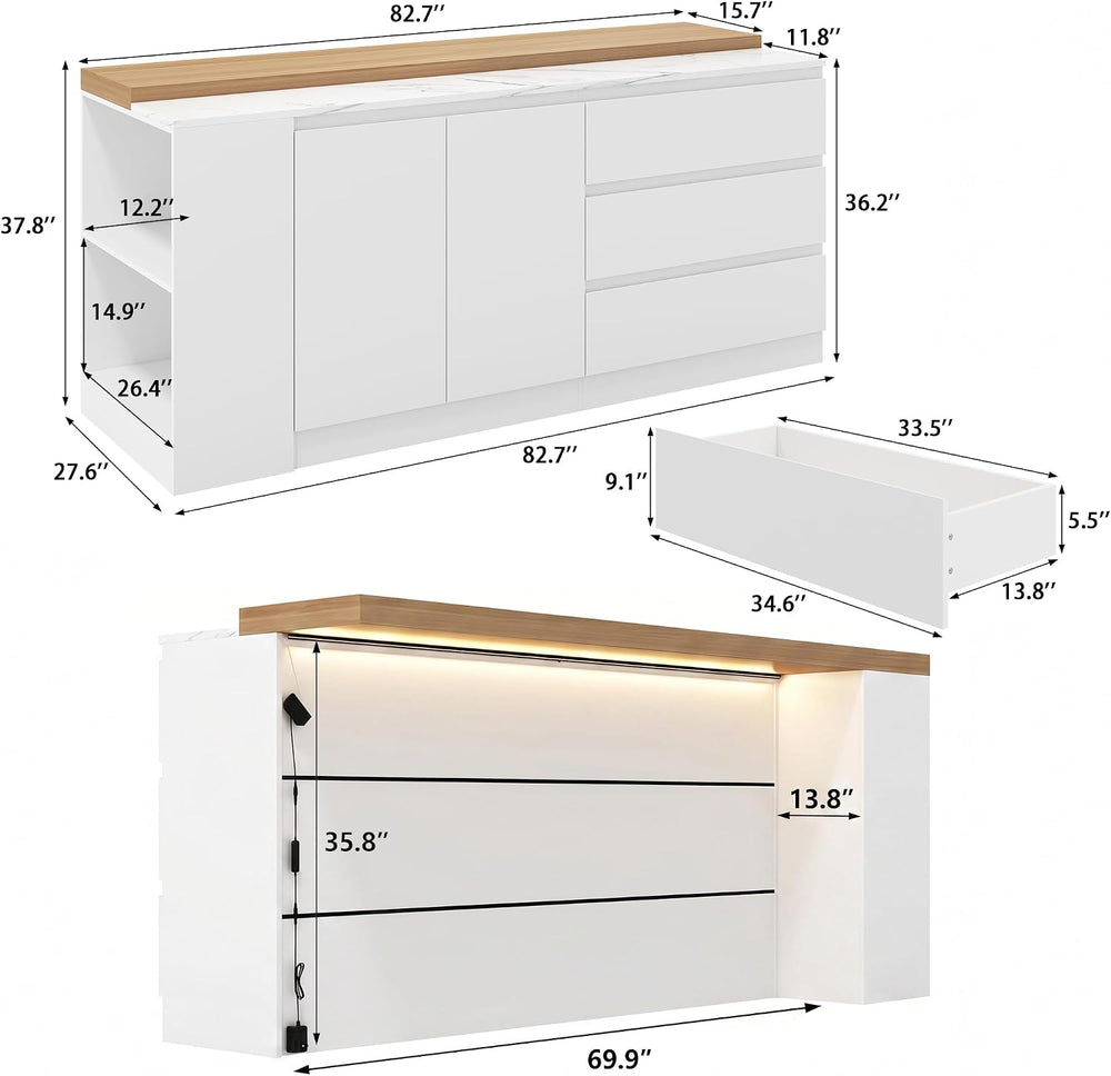 82.7" Large Bar Table Kitchen Station, Home Bar Unit with Lighting, 3 Dr...