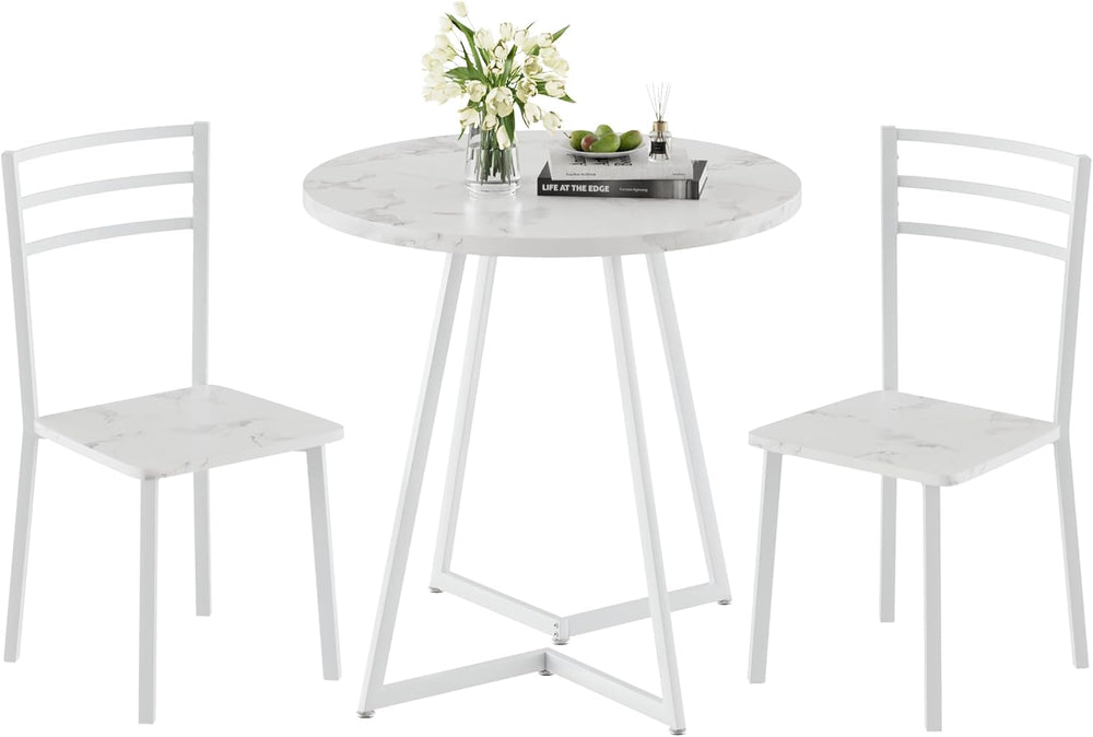 VECELO Small Round Dining Table Set for 2, Wood Tabletop with Strong Metal Fr...