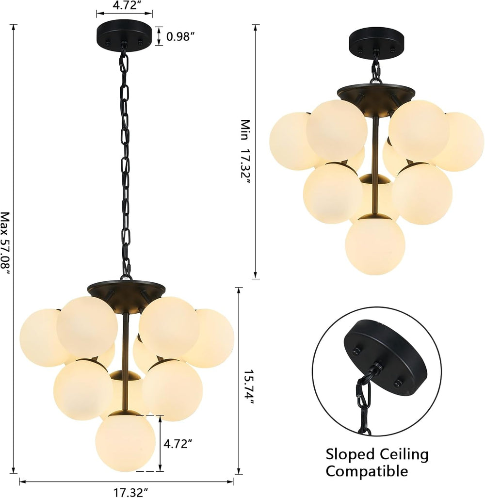 10 Lights Globe Pendant Light Mid Century Pendant Lighting Modern Black Sputn...