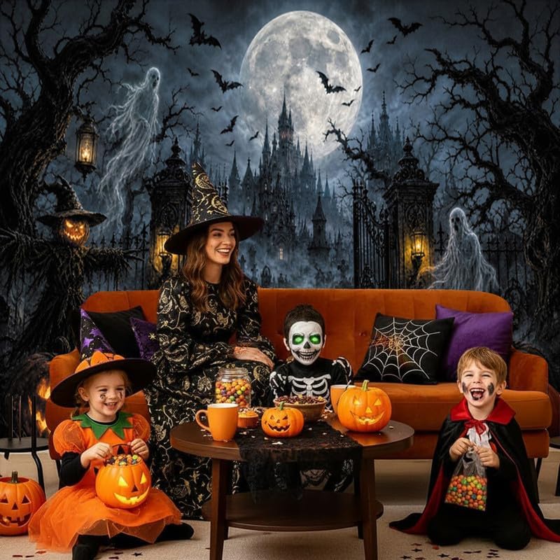 Halloween Graveyard Castle Backdrop 10x8ft, Spooky Ghost Pumpkin Gothic Haunt...