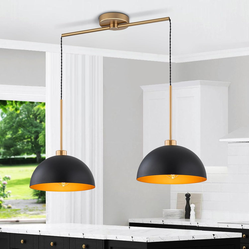 2 Light Black and Gold Dome Pendant Lights Kitchen Island