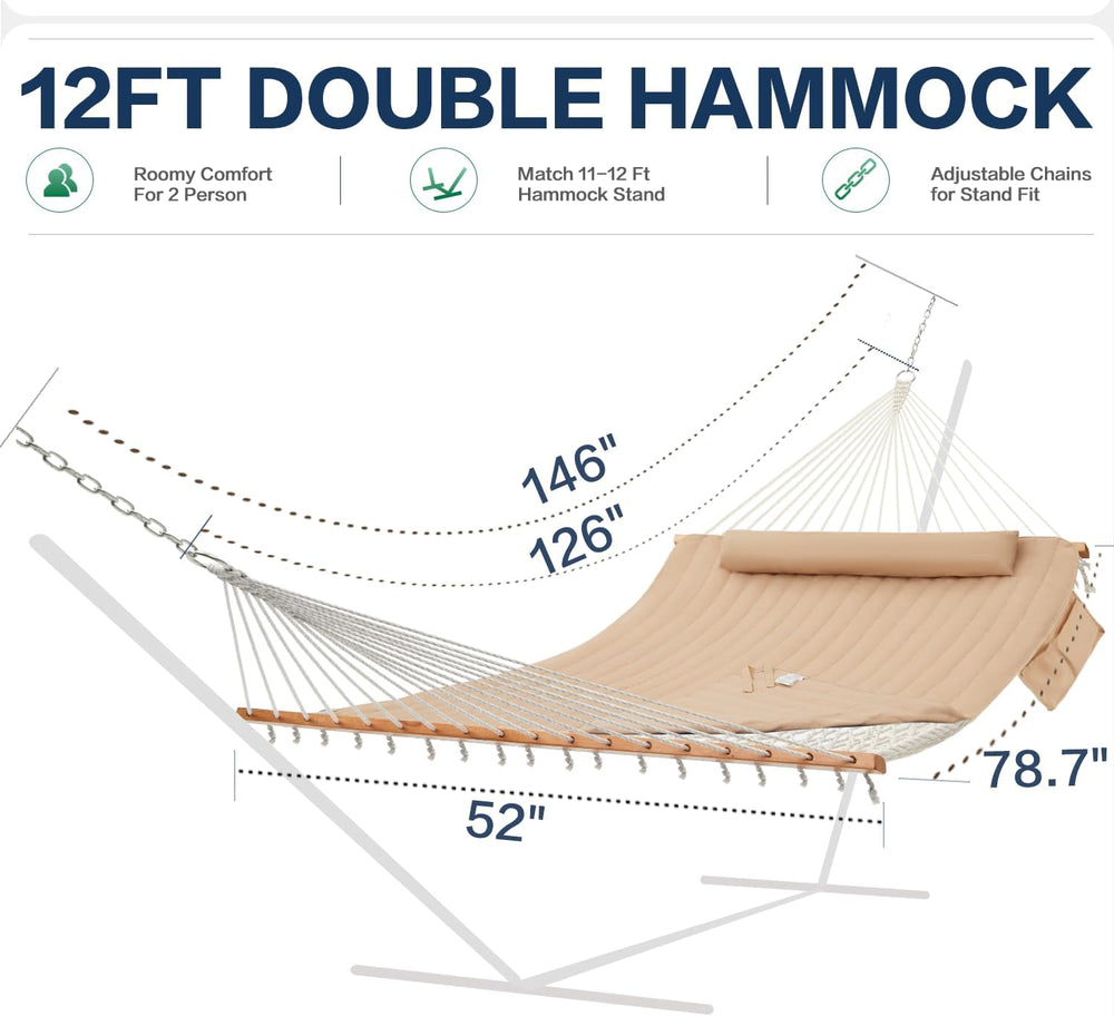 GAFETE 12FT 2 Person Handwoven Rope Hammock for Outside with Removable Pad