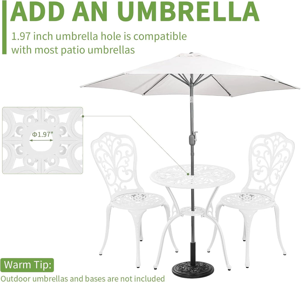 Bistro Set 3 Piece Outdoor Cast Aluminum Patio Bistro Set with Umbrella Hole,...