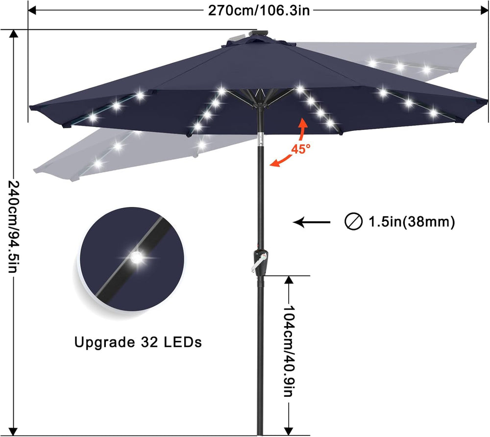 ABCCANOPY Solar Led Patio Umbrella with 32 Lights 9FT(Navy Blue)