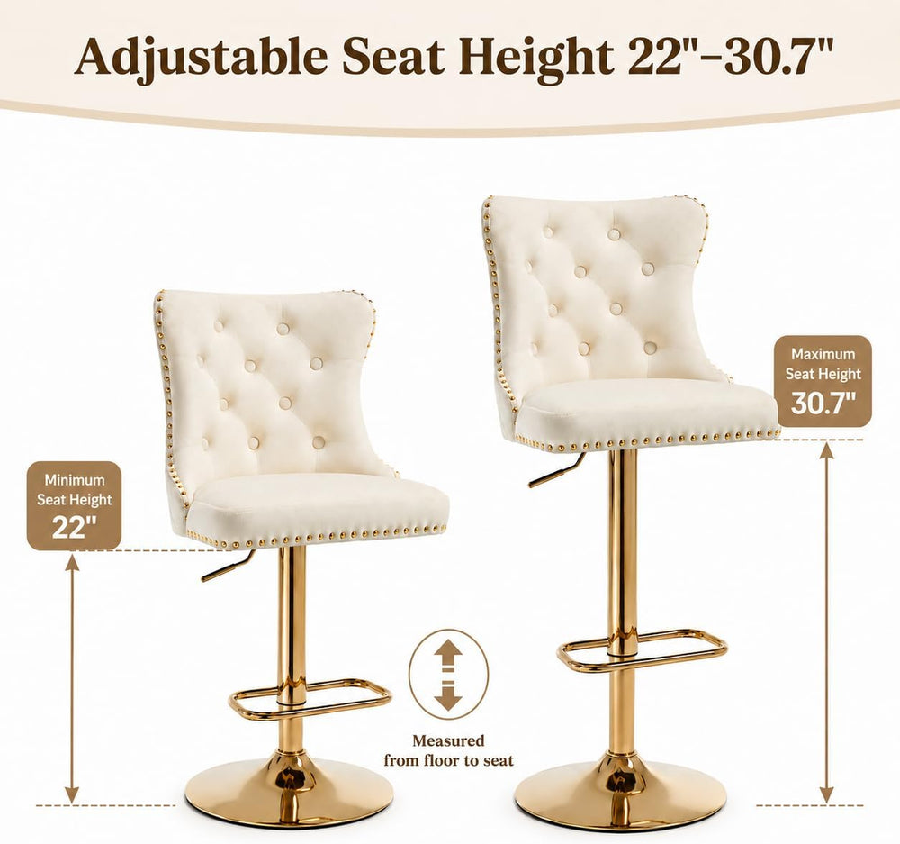 Gold Swivel Bar Stool, Cream Seat, Adjustable Counter Height