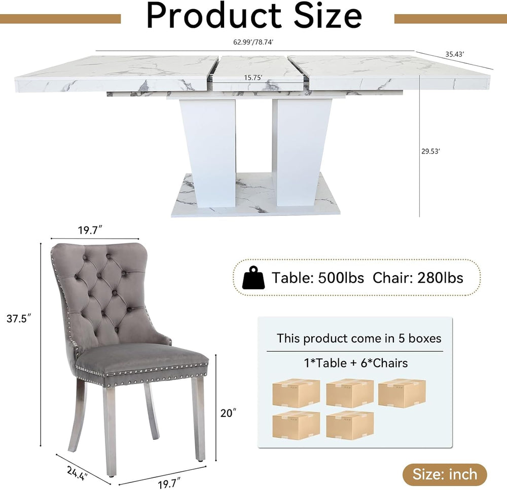 7-Piece Extendable Dining Table Set for 6-8 People 63"-78.7" Kitche...