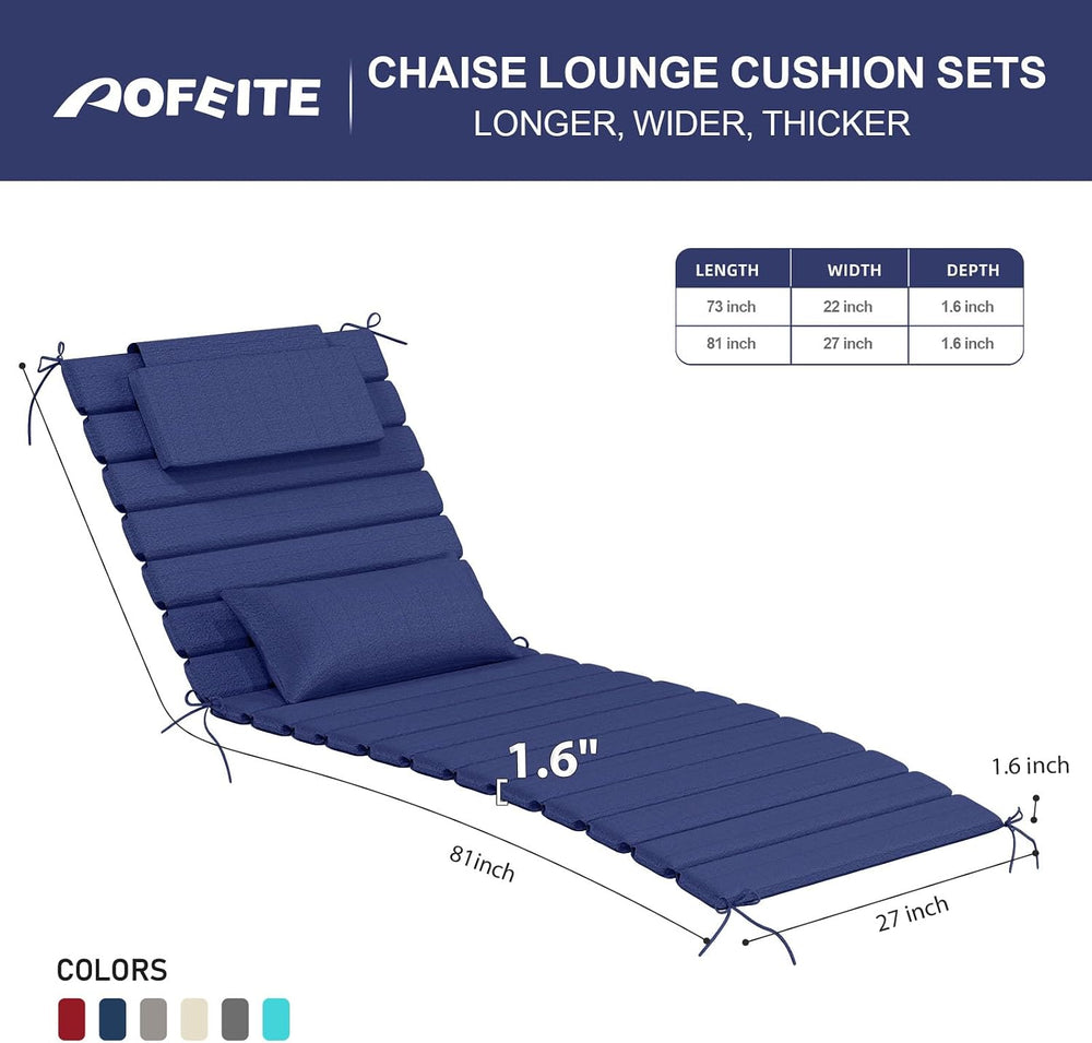 1.6" Chaise Lounge Cushions Outdoor Set of 2, Water Fade Resistant