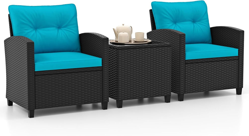 HAPPYGRILL 3 Pieces Wicker Patio Conversation Set, PE Rattan Bistro Sofa Set ...