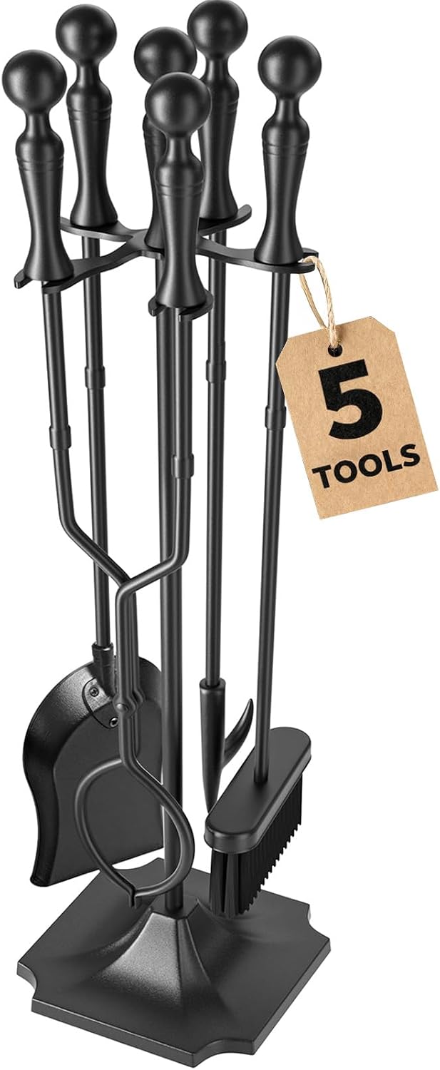 AMAGABELI Garden & Home 5 Pcs Fireplace Tools Set 31 Inch Indoor Black Ha...