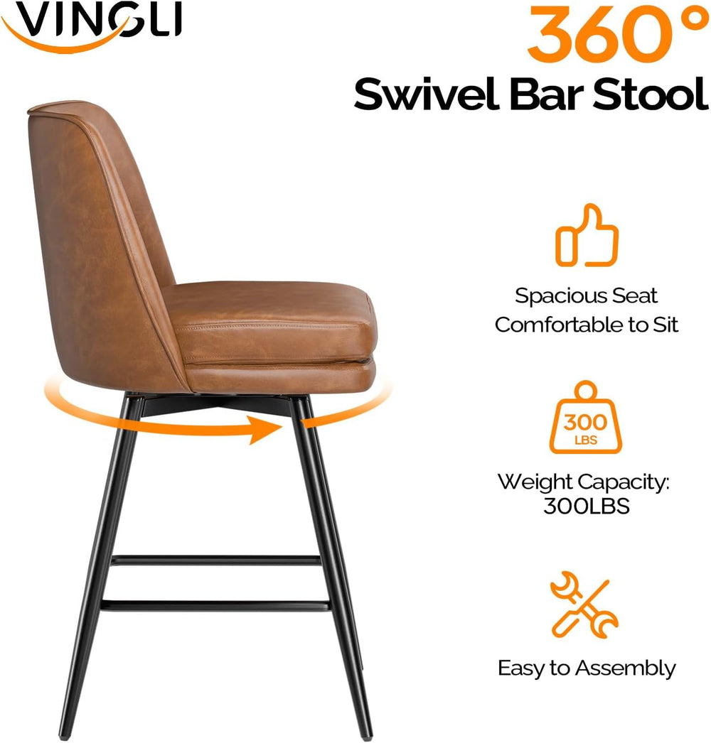 VINGLI 26" H Swivel Barstools Set of 3, PU Faux Leather Upholstered Coun...