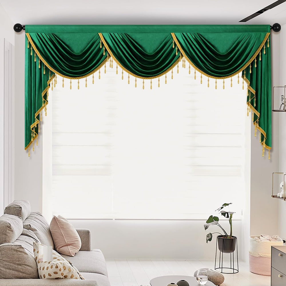 ELKCA Luxury Dark Green Velvet Curtain Valances for Living Room with Beads(98...