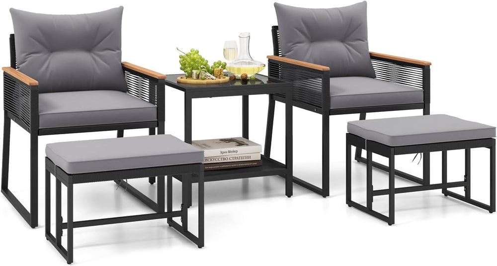 HAPPYGRILL 5 Piece Patio Conversation Set PE Rattan Wicker Chairs with 2 Otto...