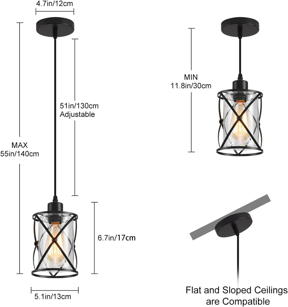 3 Lights Industrial Pendant Light with Glass Shade Matte Black Pendant Lighti...