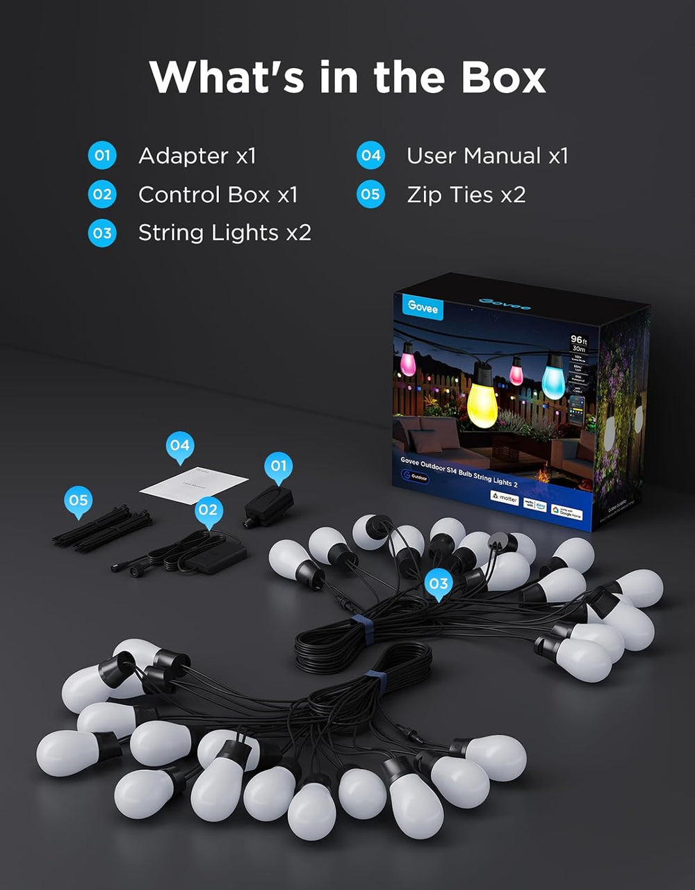 Govee S14 Bulb Outdoor String Lights 2, 96ft RGBICWW, 30 LED Bulbs, IP66