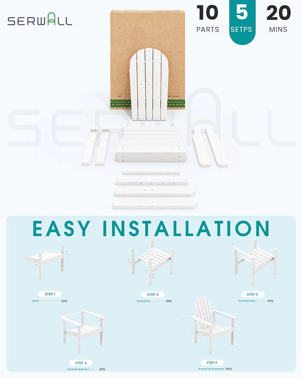 SERWALL HDPE Stackable Adirondack Chair,Space-Saving, White