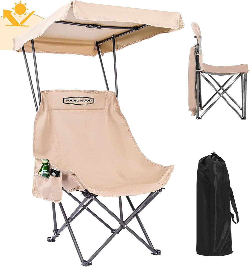 YOUNG WOOD Portable Camping Chair Beach Chair with Shade Canopy, Fold Lightwe...
