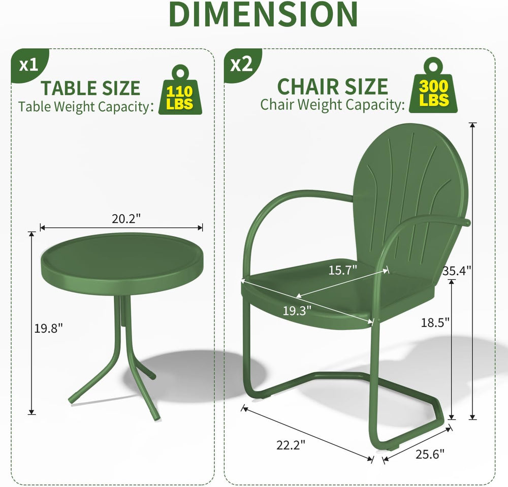 Outdoor 3-Piece Metal Bistro Set, Patio Conversation Set of 2,Green