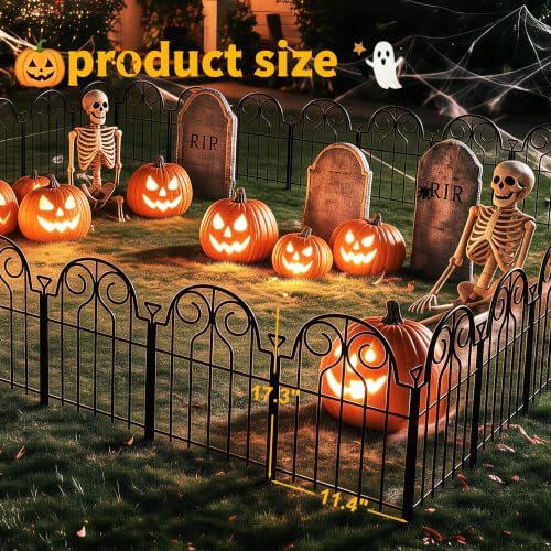 Decorative Garden Fence 17in x 10ft,10 Panels,Metal Halloween Fence Black