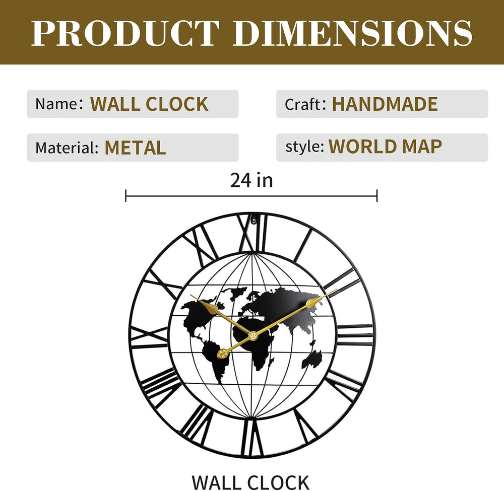 Large World Map Wall Clock,Metal Minimalist Decorative Modern Clock