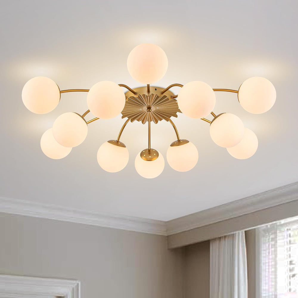12-Light Large Bubble Ceiling Light with Milk Glass Globe Lampshade, Gold