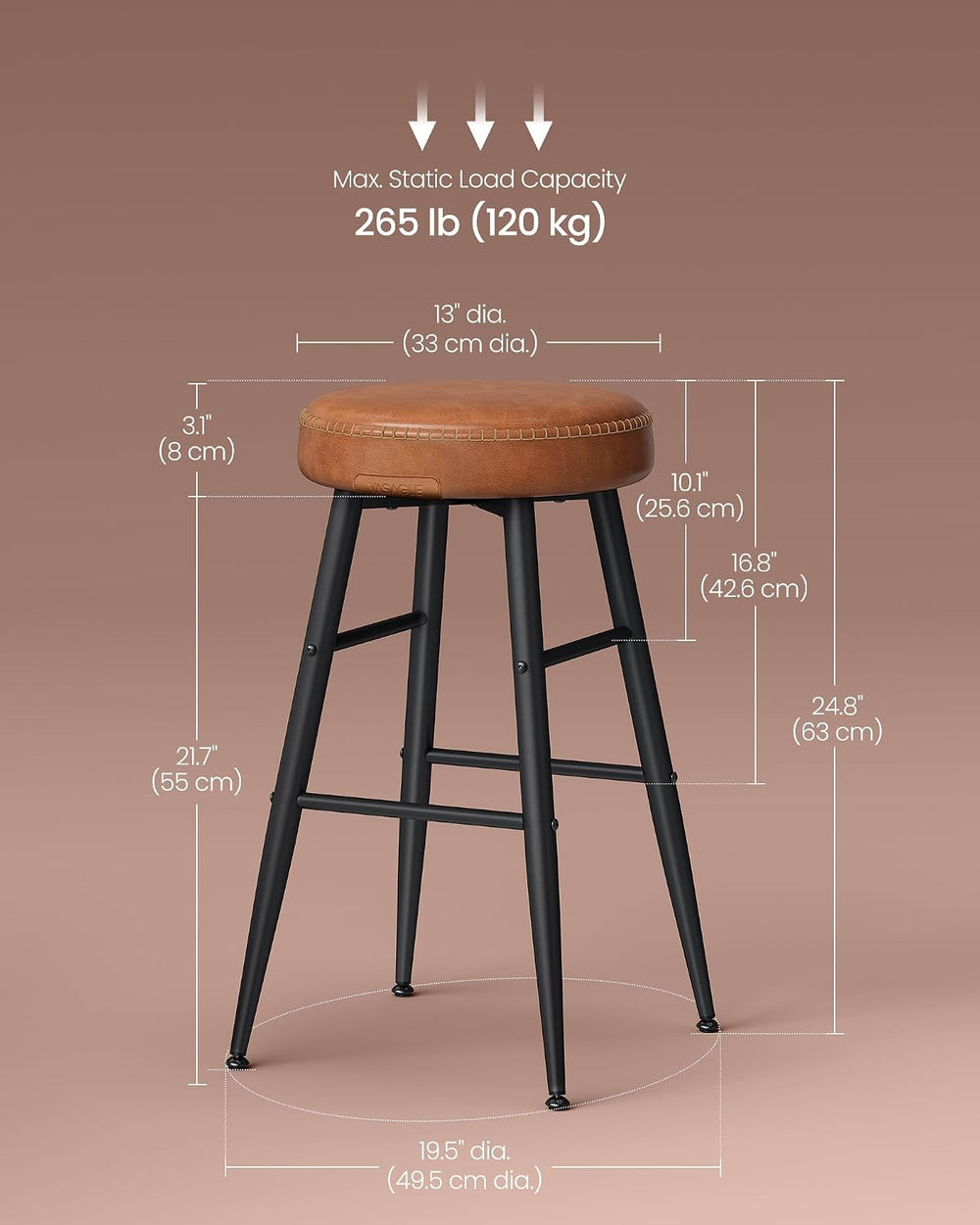 VASAGLE Bar Stools Set of 2, Kitchen Counter Stools, 24.8-Inch Tall