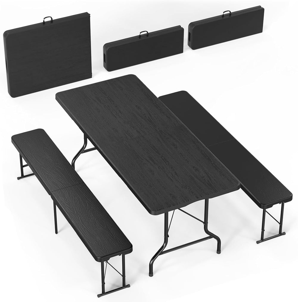Bonnlo Black Folding Picnic Table Set with 2 Benches, 6 Feet Camping Table Ch...