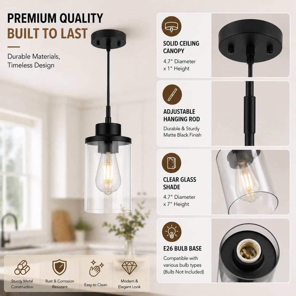 Black Farmhouse Pendant Light, Clear Glass Cylinder Hanging Fixture
