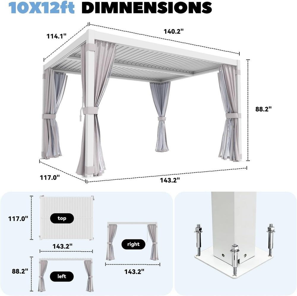MELLCOM 10x12 Louvered Pergola Adjustable Roof w/Curtains & Mesh