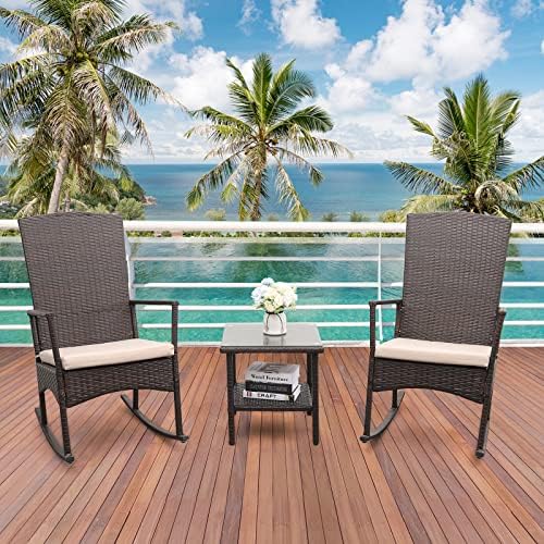 Outdoor HDPE Wicker Rocking Chair 3-Piece Patio Rattan Bistro Set 2 Rocker Ar...