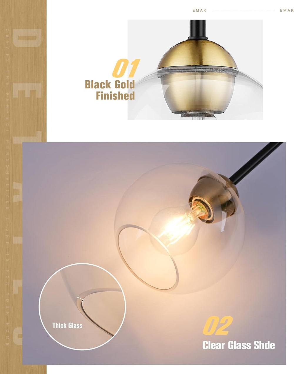 Emak 2 Pack Black and Gold Pendant Light Fixtures, Modern 7 Inch Globe Pendan...