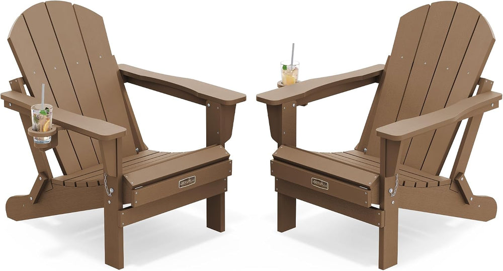 SERWALL Folding Adirondack Chair Set of 2, Cup Holder, Wood Texture -Brown