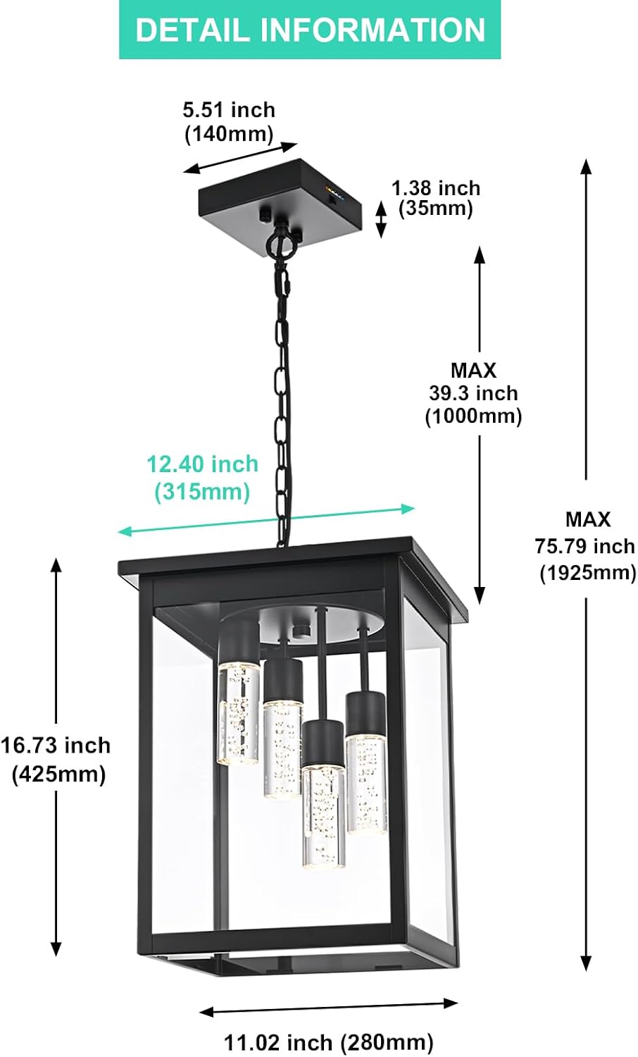 Yaohong 16.7" Large 5CCT LED Outdoor Pendant Light, 4-Lights Modern Blac...