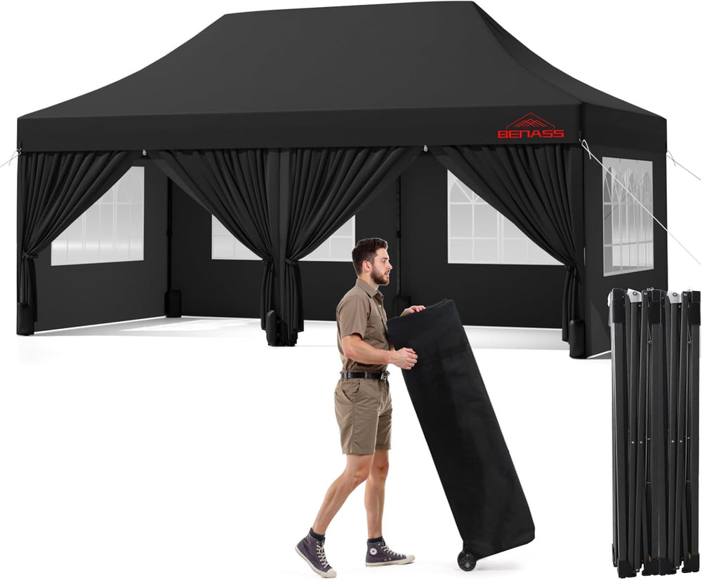 10x20 Heavy Duty Commercial Pop Up Canopy with Sidewalls, Black