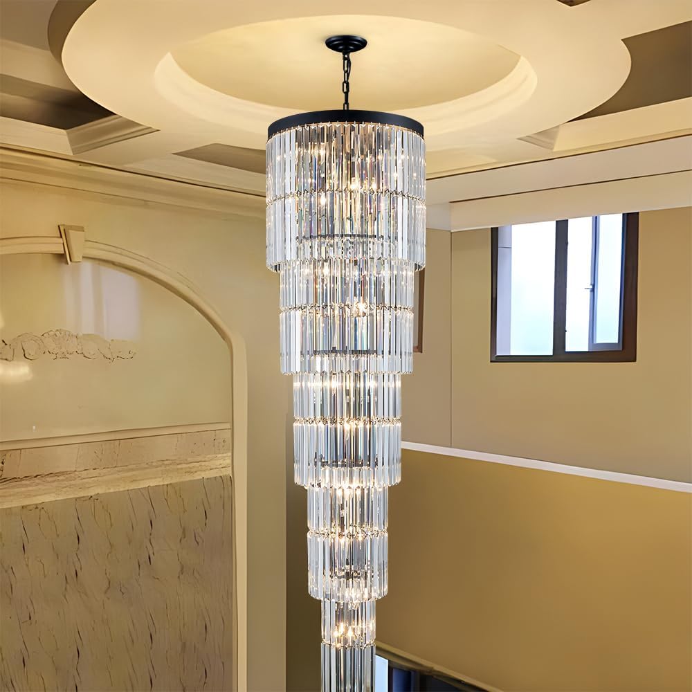 Luxury Modern Long Staircase K9 Chandeliers Black Top Design 10-Tier Large Fo...