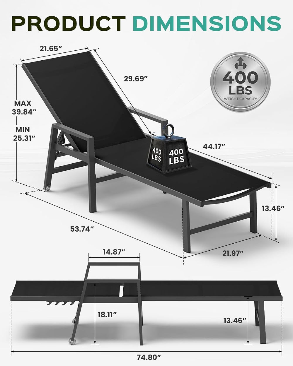 Vexwalx Patio Chaise Lounge Chair Outdoor with Wheels&Armrests, Aluminum ...