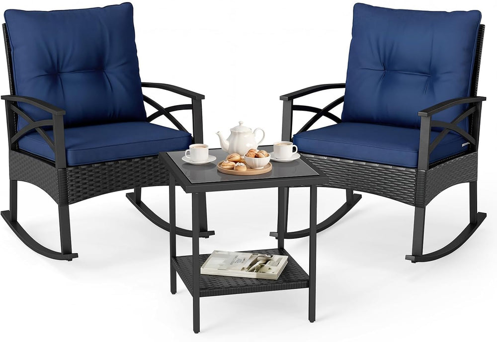 HAPPYGRILL 3 Piece Rocking Bistro Set PE Rattan Rocker Chairs with Table and ...