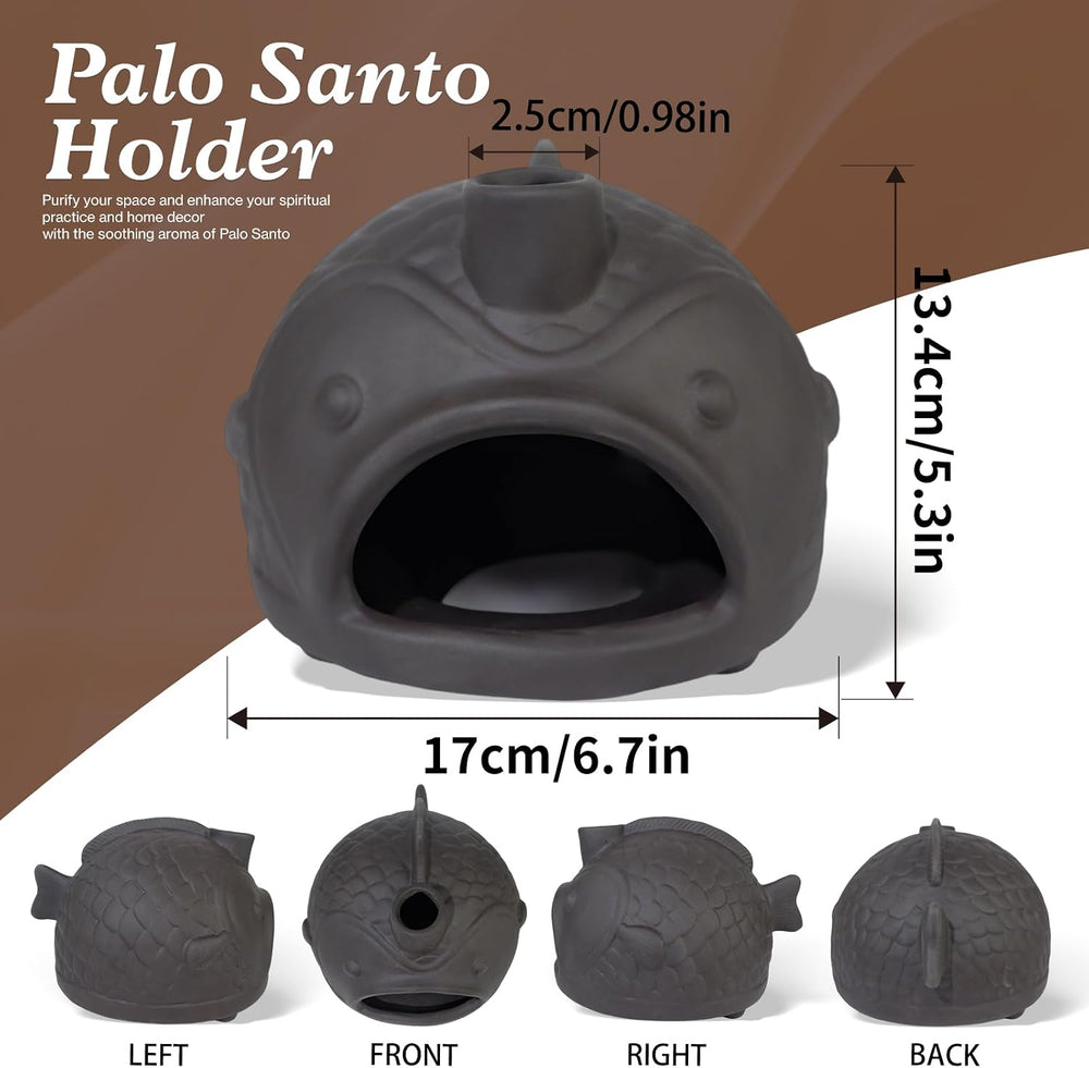 Black Fish-Shaped Palo Santo Holder, Decorative Sage Burner with Chimney