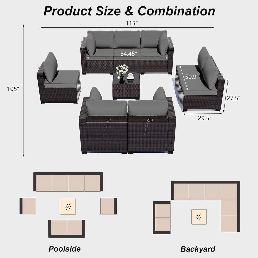 ALAULM Patio Furniture Set with Coffee Table, 9 Pieces Outdoor Sectional with...