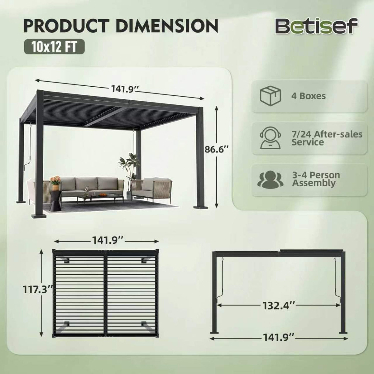 10x12 ft outdoor louvered pergola dark grey shown in use