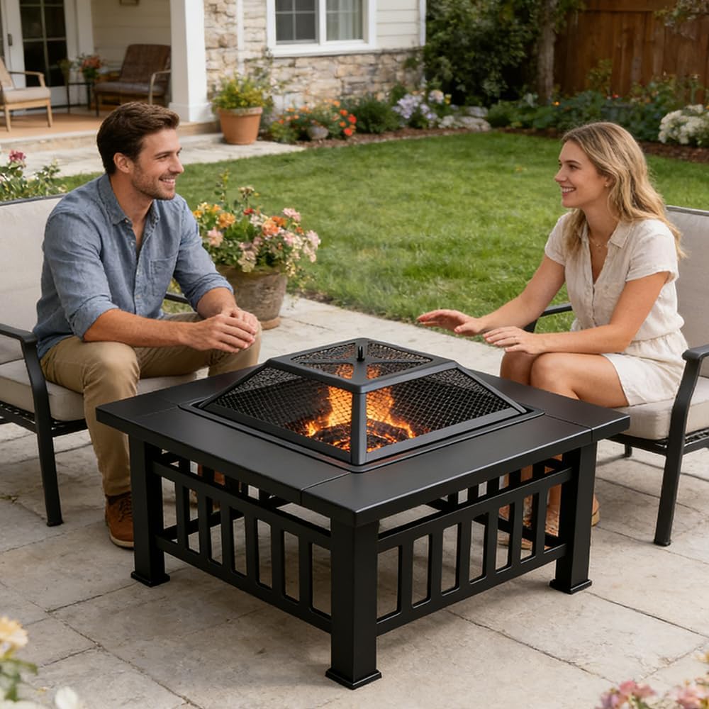 3-in-1 Multifunctional Square Fire Pit Table, 32-Inch Outdoor Metal Fire Pit ...