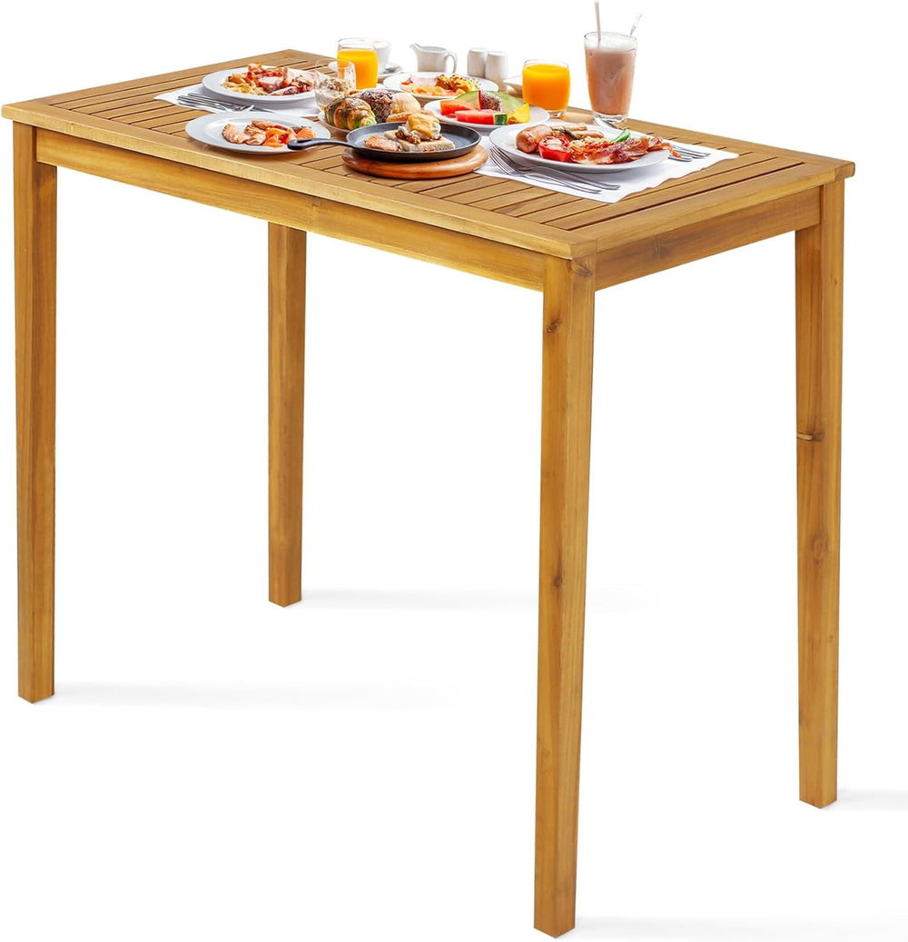 Tangkula Outdoor Acacia Wood Bar Table, 45” Rectangular Bar Height Farmhouse ...