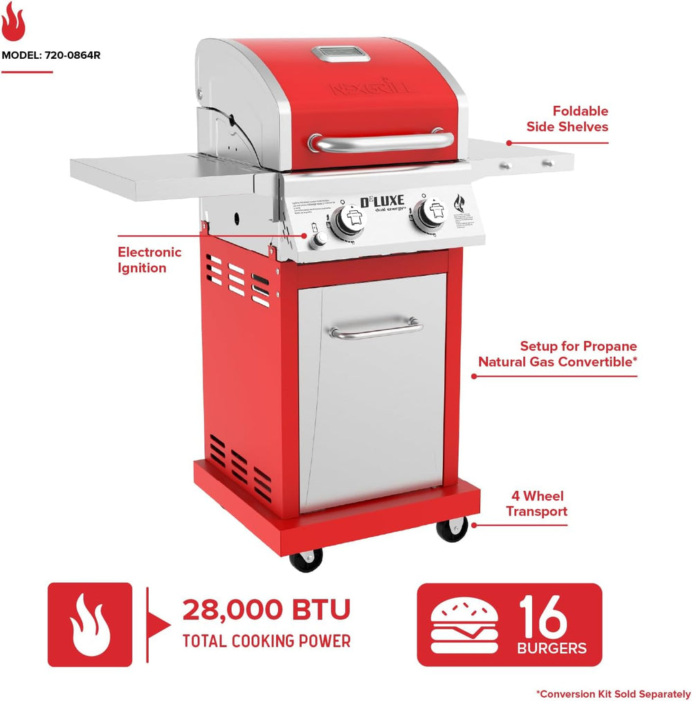 Nexgrill Deluxe 2 Burner Gas Grill, Compact with Foldable Shelves in Red